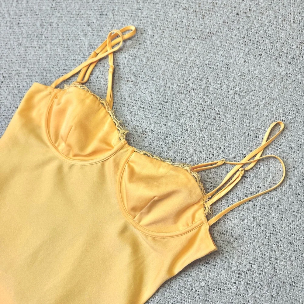Meshki Satin Lace Slip Mini Dress Joslyn Lemon Yellow size L - Picture 3 of 11